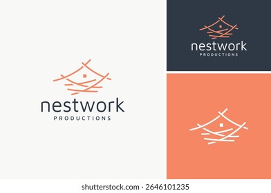 Abstract Line Art of Grass Straw Bird Nest with House Window and Roof for Family Home Apartamento Building Architecture Logo Design