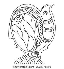 abstract line art hand drawn with bird paintbrush drawing on dark background