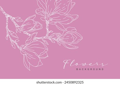 Abstract line art hand drawn floral pattern with white magnolia flowers on a pink background. Elegant vector illustration. Design element for card, banner, wedding invitation, save the date, packaging