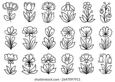 Abstract line art hand drawn cute flowers. Flowers with stem and leaves drawn with black thin line. Cute, doodle style, cartoonish floral drawings collection.