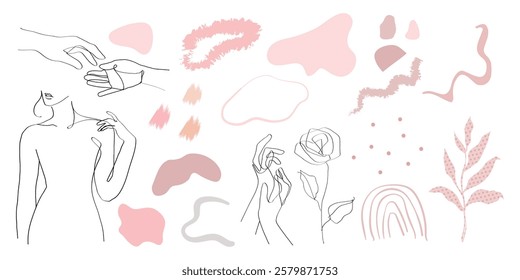 Abstract line art with hands, flowers, and pastel shapes. Line art features hands, flowers, and soft pastel shapes. Elegant line art and pastel tones. Aesthetic illustrations, isolated vector set.