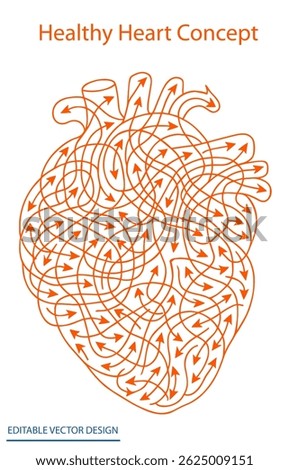 Abstract line art of a human heart filled with directional arrows symbolizing blood flow, energy, and vitality. Heart, health, flow, arrows, chaotic, anatomy, abstract, life, circulation, vector