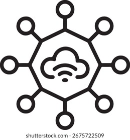 Abstraktes Linienkunstsymbol, das Cloud-Computing und Netzwerkkonnektivität mit abstrahlenden Knoten darstellt.