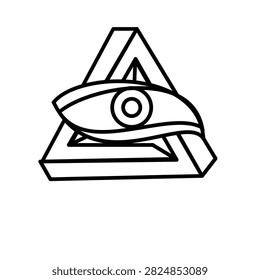 Abstract line art illustration of an eye inside an impossible triangle. Symbolizing illusion, perception, and mystery, it's ideal for conceptual design and spiritual themes.