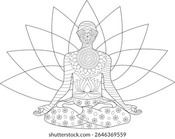 Abstract line art illustration of a meditating figure with decorative patterns and a large lotus outline, representing peace, mindfulness, and spiritual well-being.