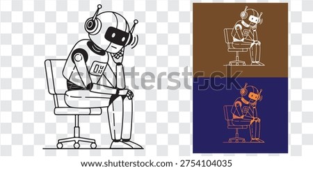 Abstract line art illustration of robot sitting thoughtful pose in design variations