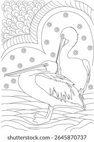 Abstract line art illustration of two pelicans on water with stylized background, ideal for coloring pages and creative use.