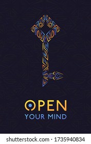 Abstract line art Key symbol with open your mind text. Digital line art illustration. Inpirational poster for your room or workspace.