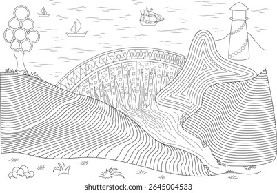 Abstract Line Art Landscape Featuring River, Bridge, Sailboats, Ship, and Lighthouse - Stylized Illustration of a Scenic Coastal or River View with Unique Patterned Hills and Tree