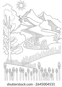 Abstract Line Art Landscape Scene for Coloring Book featuring Stylized Mountains, Winding River, Tree, and Desert Plants under a Bright Sun