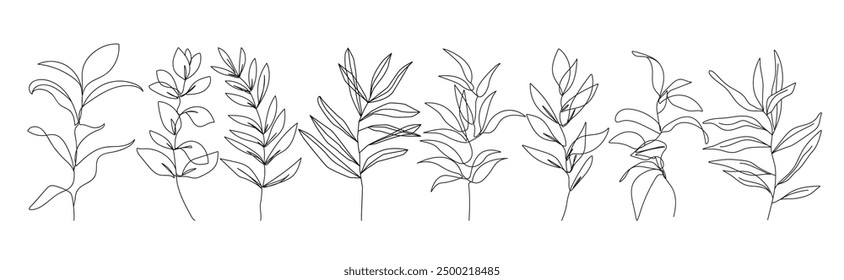 Abstract Line Art Leaves Branch  Set. Vector Minimal Floral Element Collection. Aesthetic Creative Set, Contemporary Monochrome. Linear Flowers, Leaves for Posters, Wall Art, Cover, Decoration