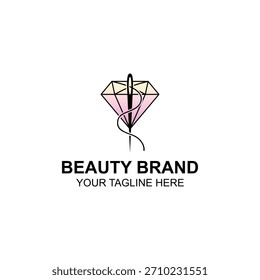 Logotipo de arte de linha abstrata combinando uma preciosa pedra preciosa de diamante com uma agulha de costura e fio ideal para alfaiataria ou luxo.