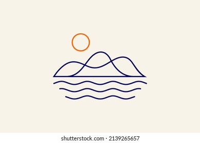 Abstract line art logo of mountains and ocean waves or lake in sunlight