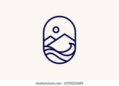 Abstract line art logo of mountains and sea waves with sun.