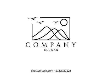 Abstract line art logo vector of mountains and hills with sun and flying birds in frame.