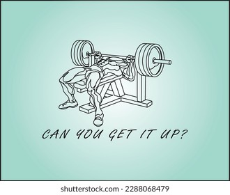 Abstract line art of a male body builder perform the bench press and the question: Can you get it up? Vector illustration.