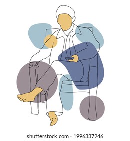 abstract line art of man sitting and holding gadget