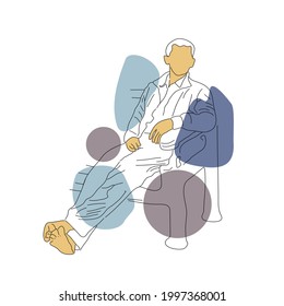 abstract line art of man sitting and looking sideways with legs stretched out