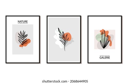 Abstract, line art minimalistic A4 poster collection. Sketch style tree brunches, leaf, sea grass as a metaphor of a ecological consciousness, clearness, green living. Vector hand-drawn illustrations.