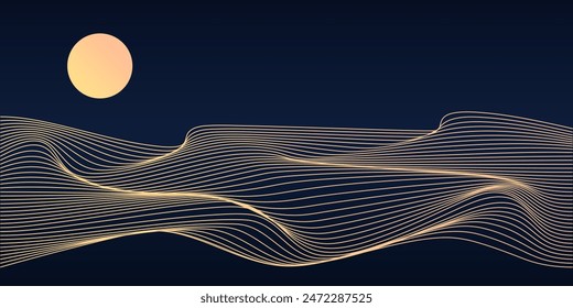 Abstract line art mountain landscape with glowing wavy line pattern, smooth flowing dynamic gradient waves isolated on dark blue background. Vector illustration
