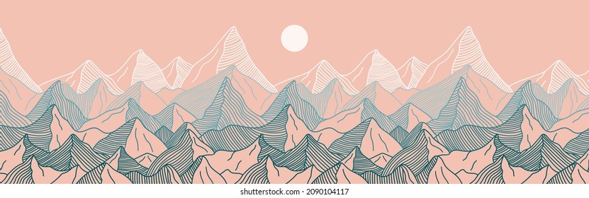 Abstract line art mountains scenery banner. Hand drawn landscape background with hills silhouette and sun. Boho vector illustration of sunset