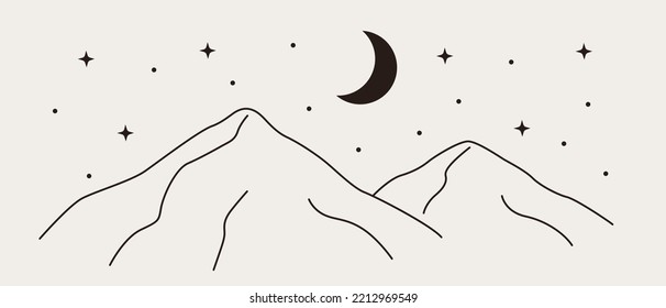 Resumen del paisaje montañoso de las líneas de arte. El paisaje nocturno dibujado a mano con silueta de colinas, luna y estrellas. Ilustración vectorial minimalista de Boho