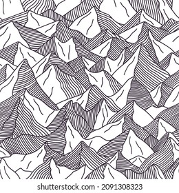 Abstract line art mountains seamless pattern. Hand drawn landscape background with hills silhouette. Vector illustration for textile, wrapping paper, card, poster design