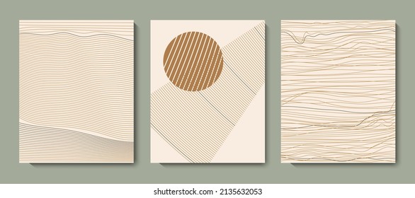 Abstract line art pattern background set.  Minimal hand drawn contour painting design. Contemporary geometric art for cover, poster, wall decor, wallpaper, brochure, print. Vector outline illustration
