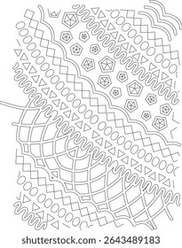 Abstract Line Art Pattern with Geometric Shapes, An intricate black and white line art illustration featuring a dense composition of abstract and geometric patterns including circles, triangles,