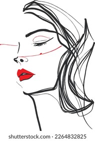 An abstract line art portrait of a woman's face with red lipstick on white background