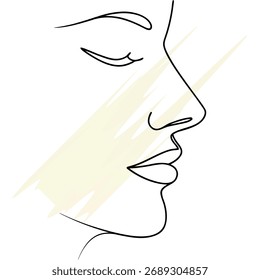 Abstract line art profile a woman's face with pale yellow brush strokes vector