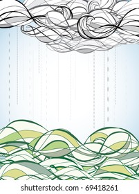Abstract line art of rain clouds and grass.