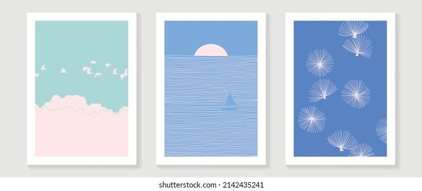 Abstract line art sea wall art template. Blue tone wall decoration with birds, sunset, cloud, sky and boat in minimal style. Ocean painting for summer season, wall decoration, interior, wallpaper.