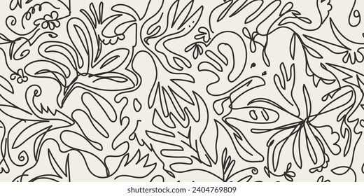 Abstract line art seamless pattern. Aesthetic contemporary floral leaf line art vector design. Swatches patterns are included in the EPS file.