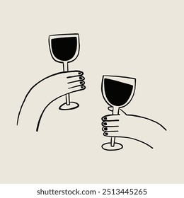 Arte de línea Abstractas que muestra dos manos sosteniendo y tostando copas de vino. Perfecto para conceptos de celebración, amistad y ocasiones festivas en un estilo moderno y minimalista