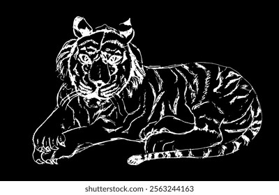 Abstractas boceto de arte de línea de un tigre ponedor. Ideal para proyectos de vida silvestre y naturaleza, arte digital, tarjetas de felicitación, dibujo de líneas minimalista captura la belleza y la fuerza del tigre.