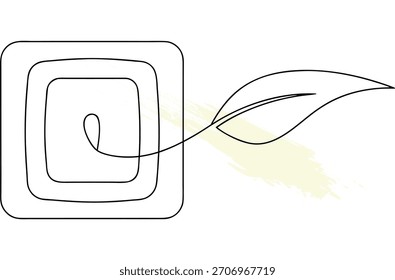Linha abstrata arte quadrada e folha transmitindo crescimento e simplicidade