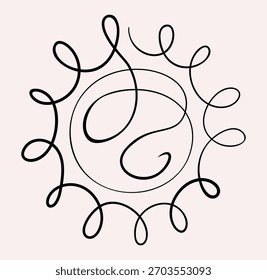 Linha abstrata arte sol. Esboço de sol bonito, rabiscar na forma de uma bolha com raios de espirais e uma espiral com um centro. Desenho de tinta infantil, desenhado à mão elemento de design de linha única. Ilustração vetorial