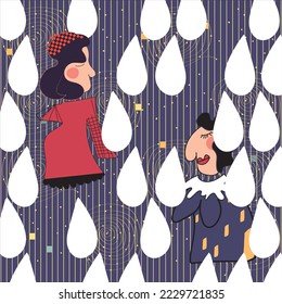 Abstract line art texture with cute human faces. Hand-drawn vector seamless pattern with portraits in modern style. Vector seamless pattern of abstract people figures in retro style.