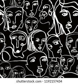 Abstract line art texture with human faces. Hand-drawn vector seamless pattern with portraits in modern style.