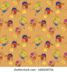 Abstract line art texture with human faces. Hand-drawn vector seamless pattern with portraits in modern style. Fashion, pop art, continuous line . Concept for print, web design , textile