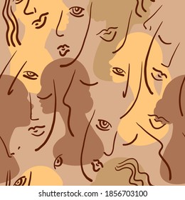 Abstract line art texture with human faces. Hand-drawn vector seamless pattern with portraits in modern style.