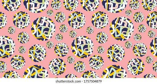 Resumen del arte de línea texturado círculo de color sin costura sobre fondo rosa para el embalaje y el textil. Tejido geométrico contemporáneo plano.