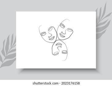 Abstract line art of three woman faces. Abstract hand drawn vector illustration. Abstract art design for print, home decor, cover, wallpaper, Minimal and natural wall art posters