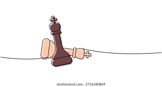 Abstract line art of two chess kings, one upright and one fallen, in soft brown and beige tones, symbolizing victory and defeat