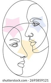 Abstract Line Art Two Intertwined Faces with Pastel Accents attraction single line