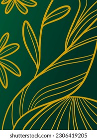 Abstract line art vector background. Botanical linear pattern. Green and gold colored backdrop. Floral design. Doodle outline trendy hand drawn print.