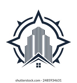 abstract line art vector house and building compass logo