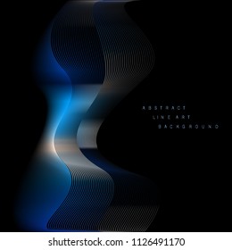 Abstract line art, wavy lines, smooth dark blue colored background.