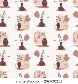 Abstract line art woman face and vase with plant seamless pattern. Minimalist boho shapes pattern in pastel neutral colors. Vector fashion print for textile, fabric, modern wall decor.